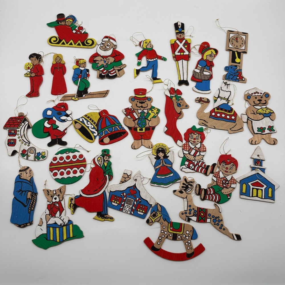 Hand Painted Wood Christmas Ornaments Lot 26pc Vintage Folk Art Double Sided